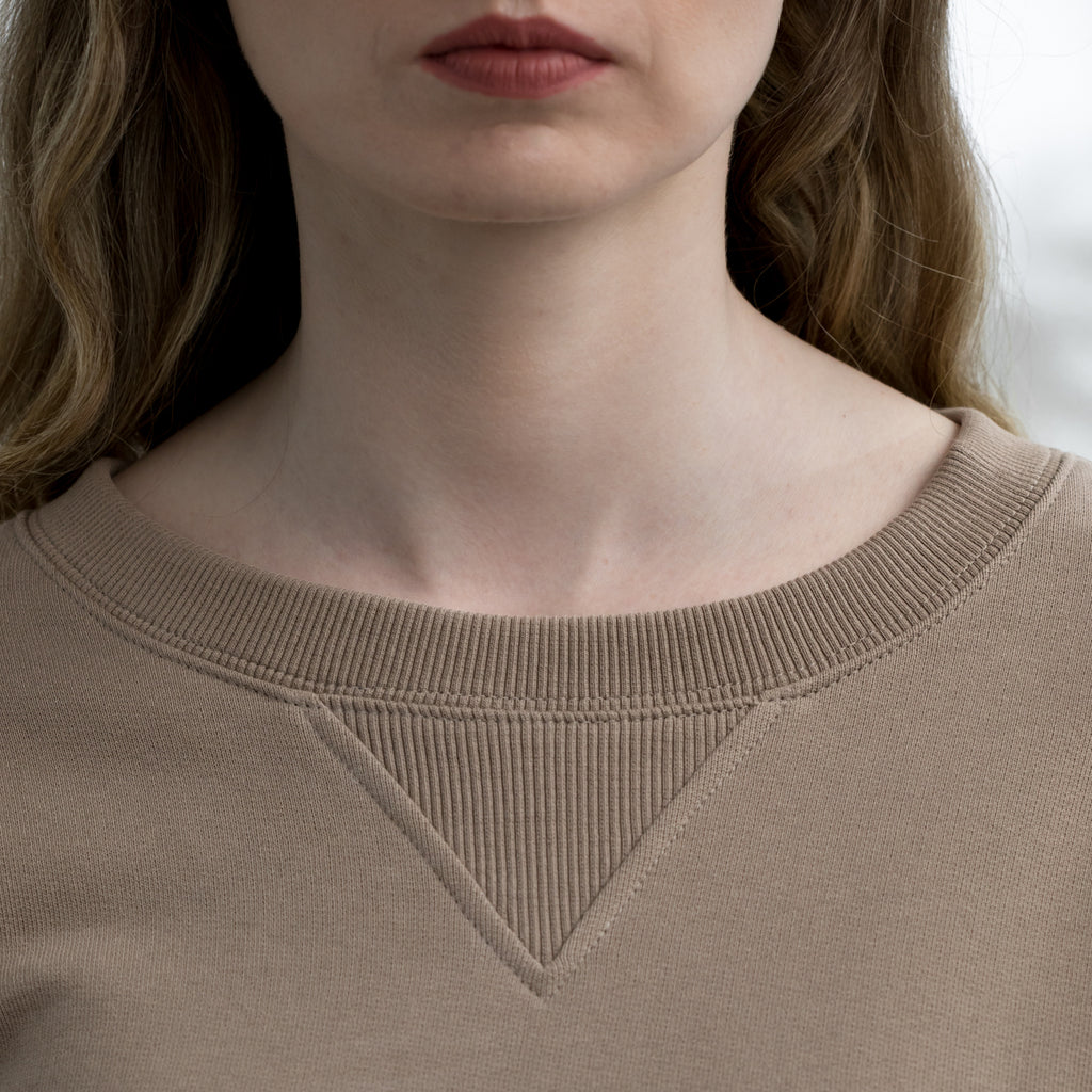 Close up detail, classic sweater in Mocha