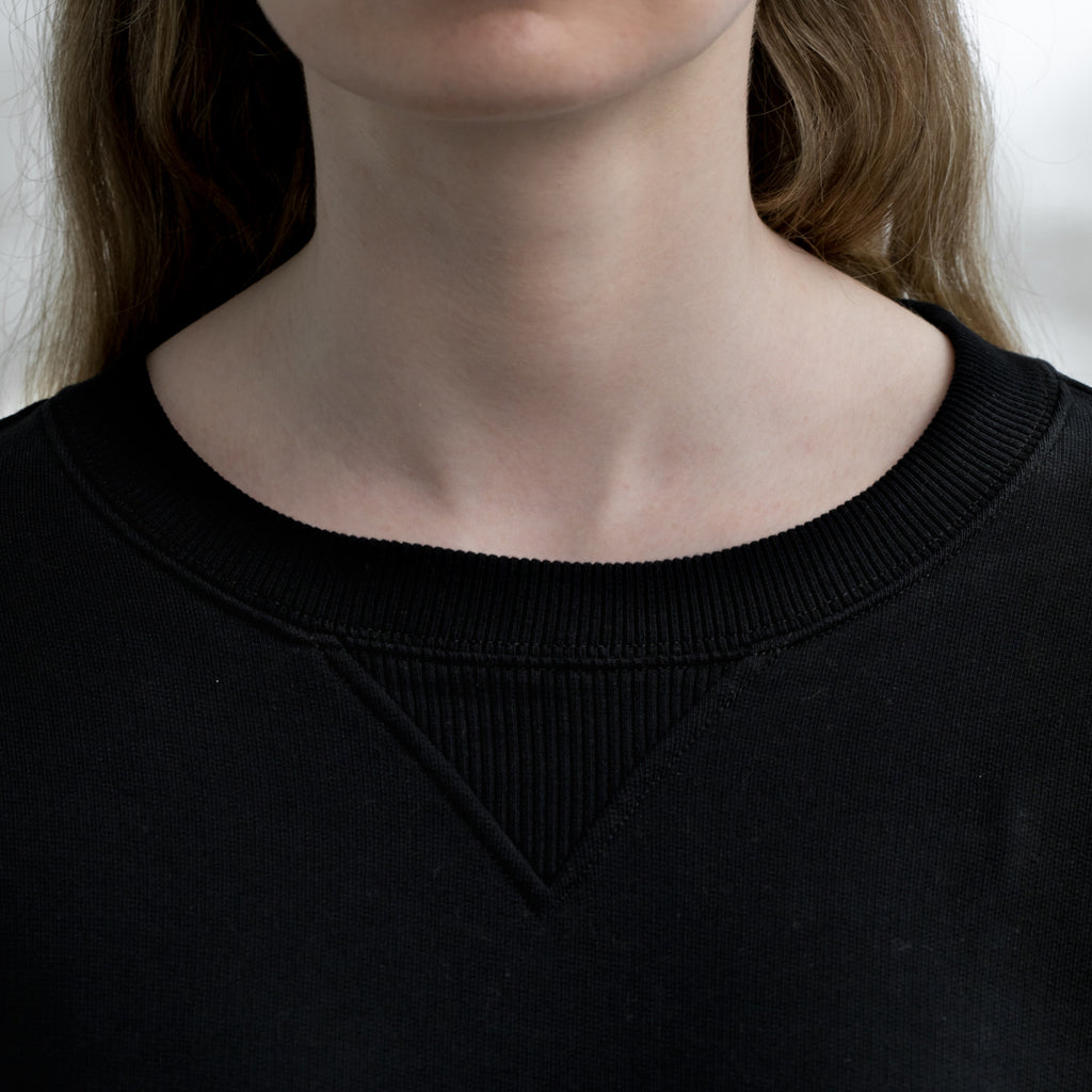 Close up detail, classic Black Sweater made from 100% organic cotton